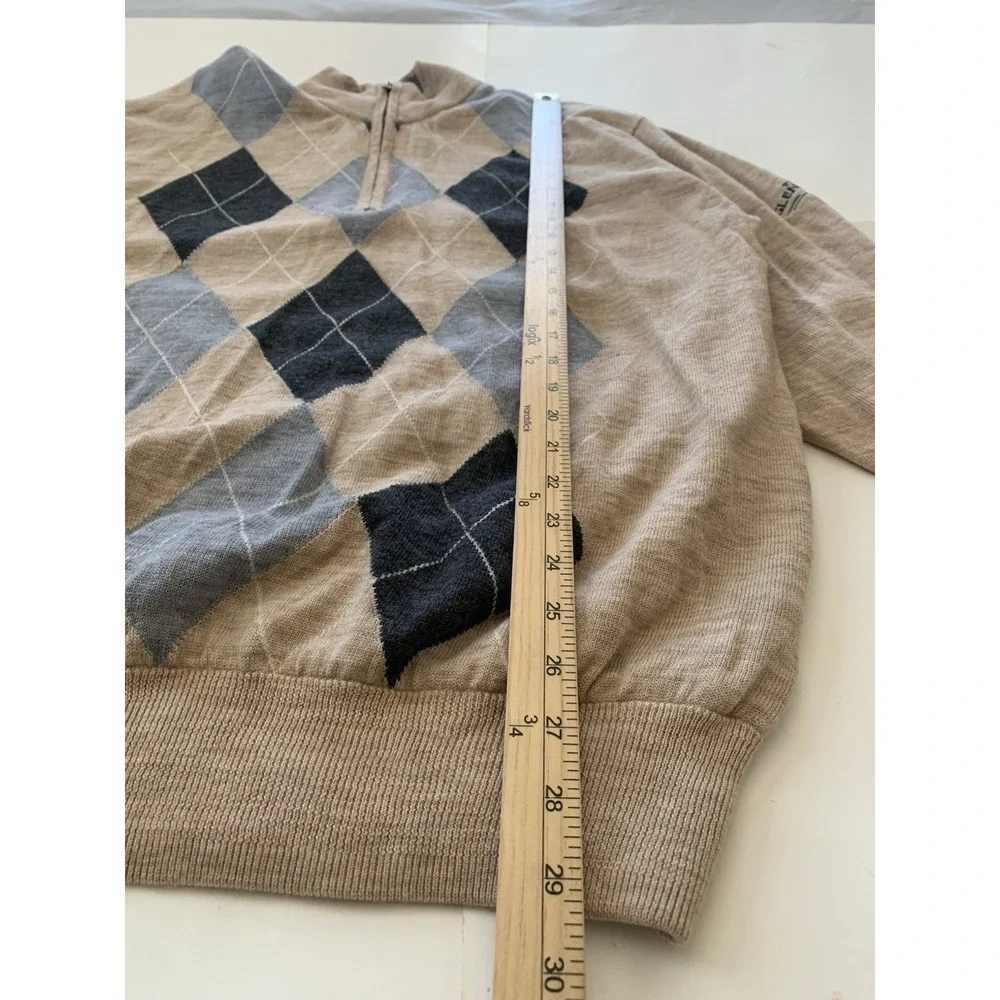 Footjoy Quarter Zip Golf Sweater Mens XXL Tan Beige Argyle 100% Wool Wind Logo